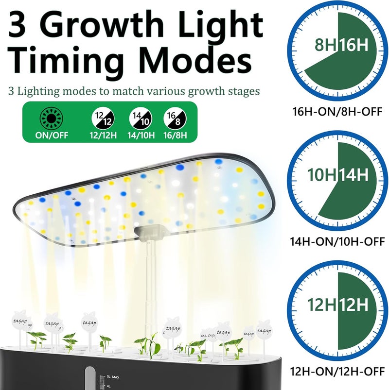 HYPOACE Store نظام زراعة هيدروبونيك مع ضوء نمو LED، حديقة أعشاب داخلية بـ 14 حبة، لوحة ضوء قابلة للدوران بتقنية الطيف الكامل، توقيت تشغيل وإيقاف تلقائي 12 14 16 ساعة، خزان ماء سعة 5 لتر، حصاد خضروات طازجة مثل الخس والريحان والطماطم - Image 5